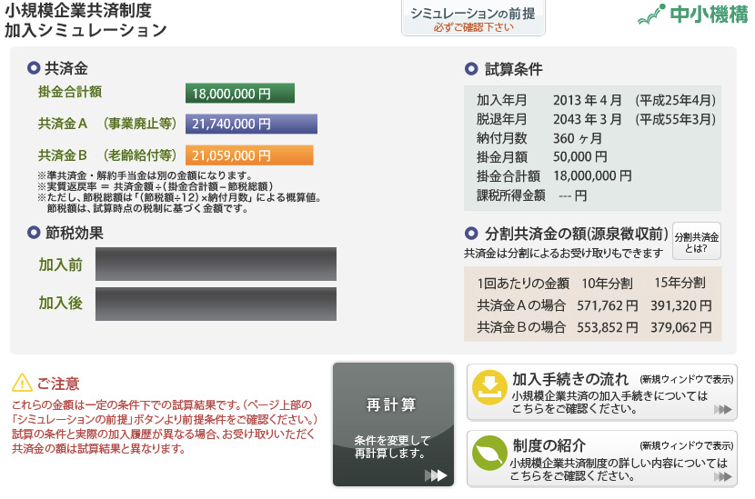 中小機構:小規模企業共済制度 加入シミュレーション
